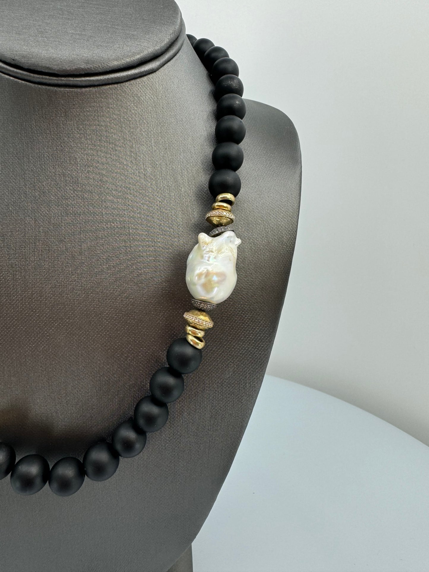 Onyx, Baroque Pearl & Oxidized Silver Necklace