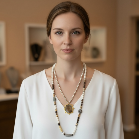 Long Golden Pearl & Large Tigger Eye Pendant Necklace