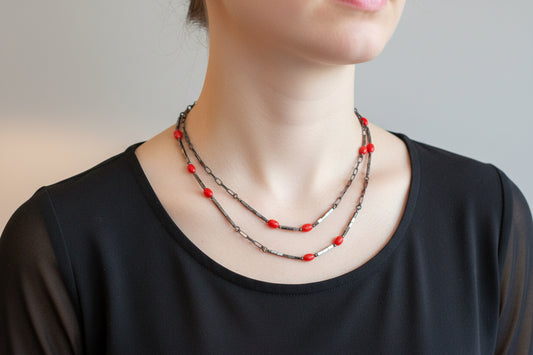Dainty Oxidized Chain & Red Coral Bead Long Necklace