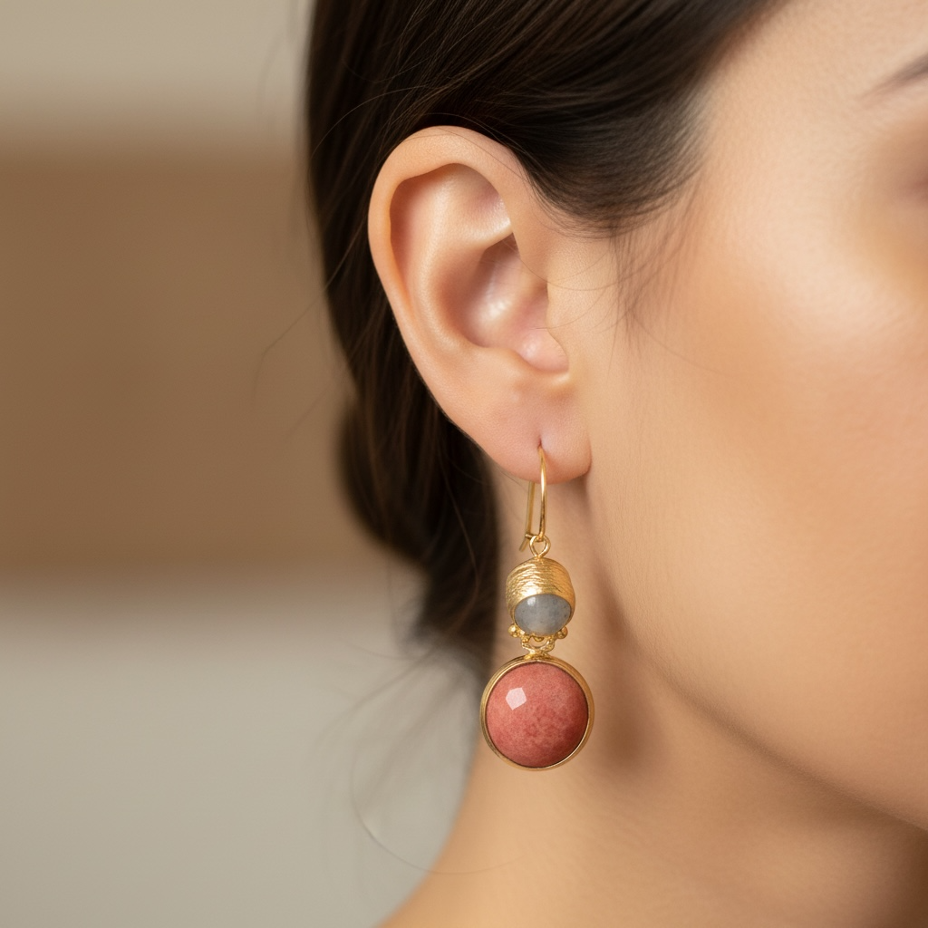 Cat Eye & Pink Agate Drop Earrings
