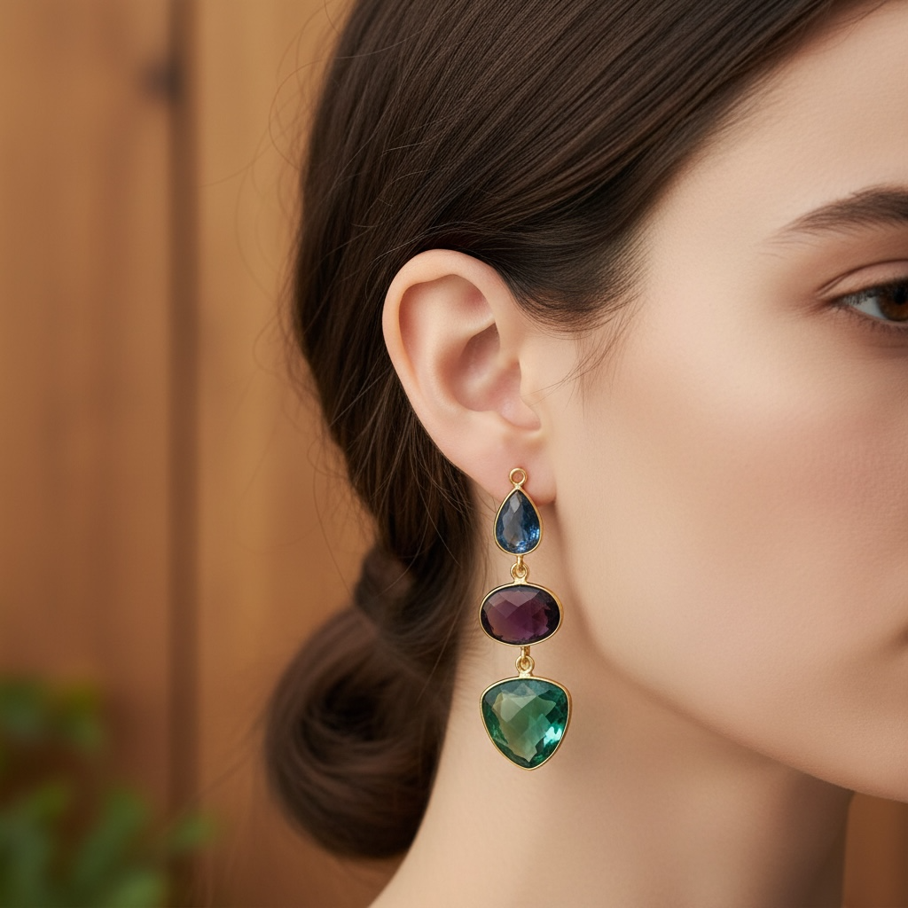 Blue Topaz, Amethyst, Aqua Quartz Drop Earrings