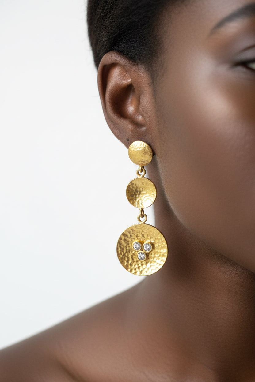 Triple Gold Circle Long Drop Earrings