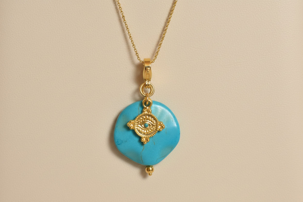 Round Turquoise & Evil Eye Charm/ Chain Not Included