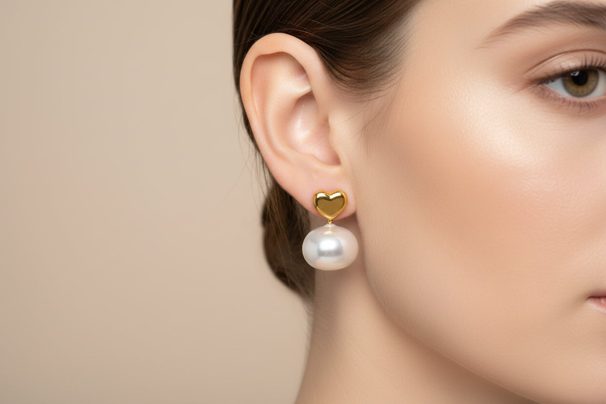 Gold Vermeil Heart & Pearl Post Earrings