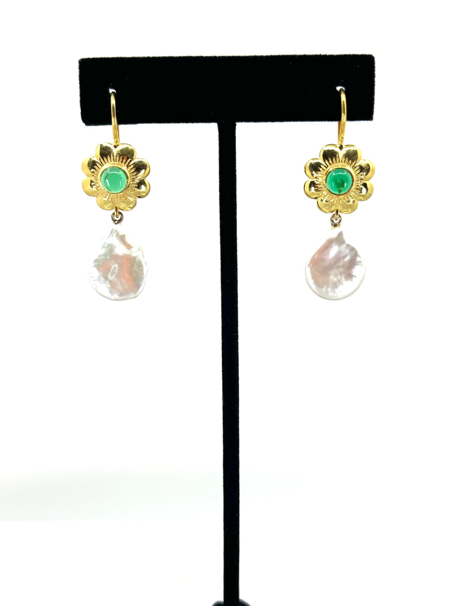 Green Crystal & Coin Pearl Drop Earrings