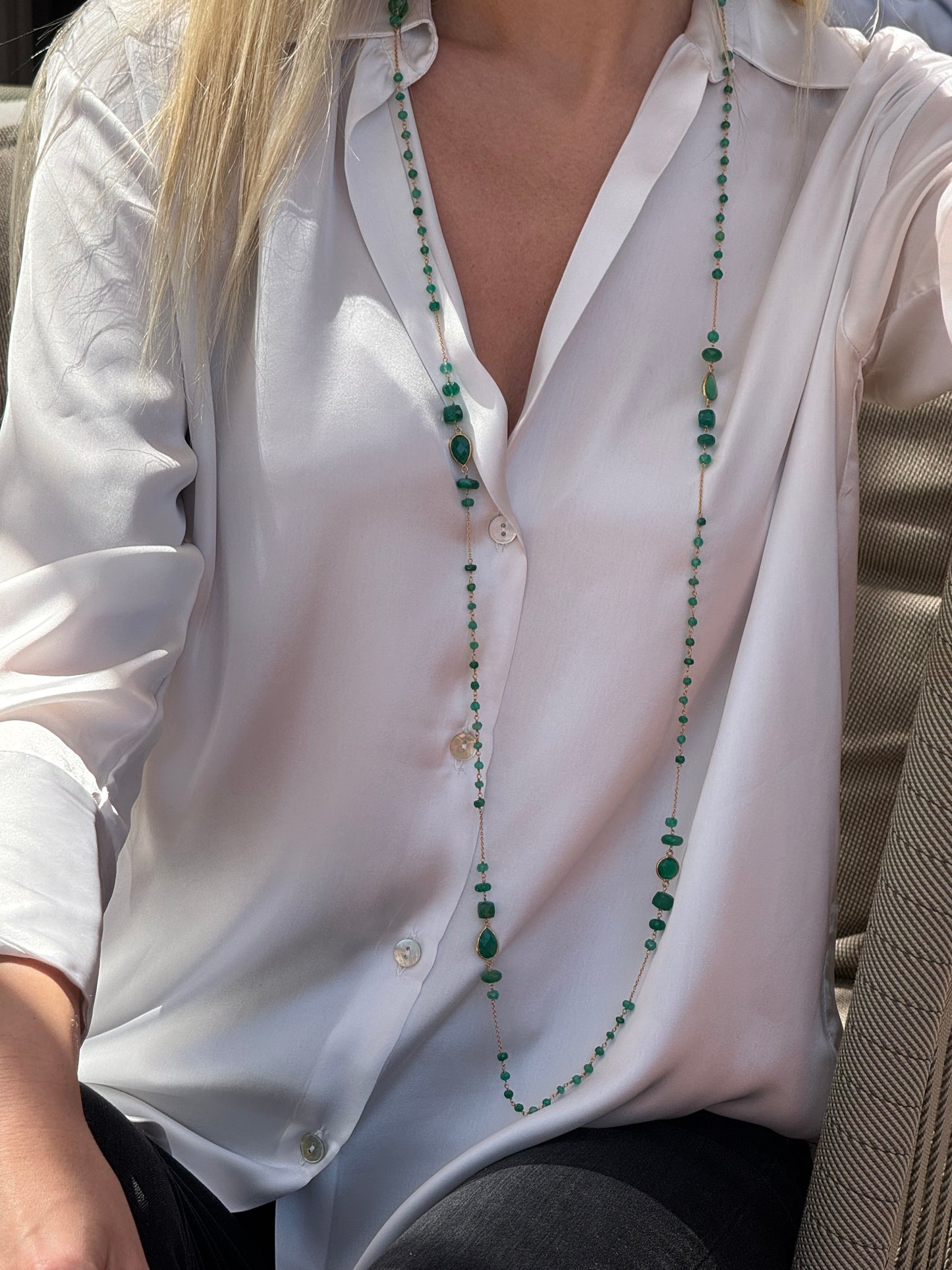 Multi Shape Dark Green Chalcedony Long Dainty Beaded Chain