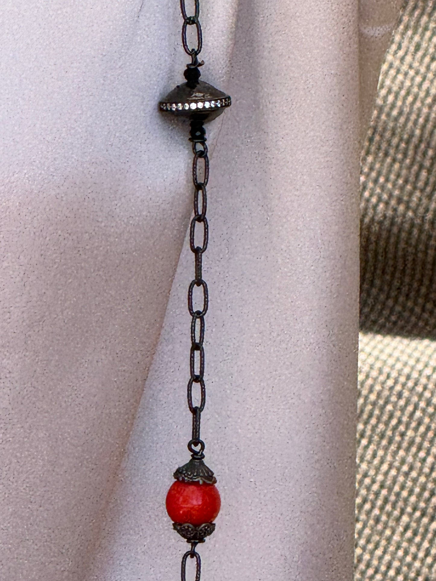 Oxidized Silver & Coral Long Necklace
