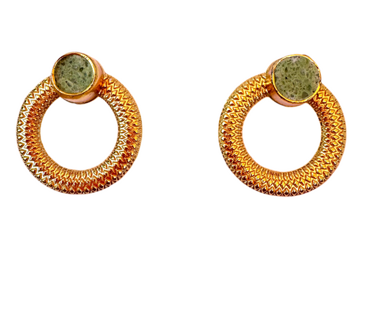 Green Agate Gold Circle Earrings