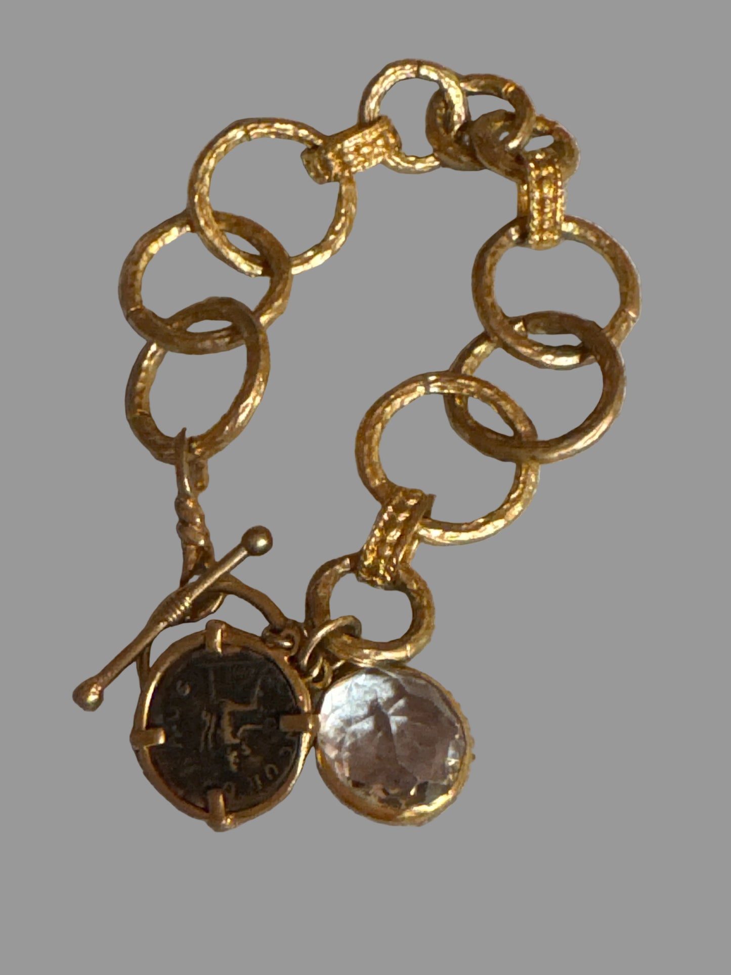 Brass Gold Plated Link Bracelet & Coin & Crystal Tear Drop Charm