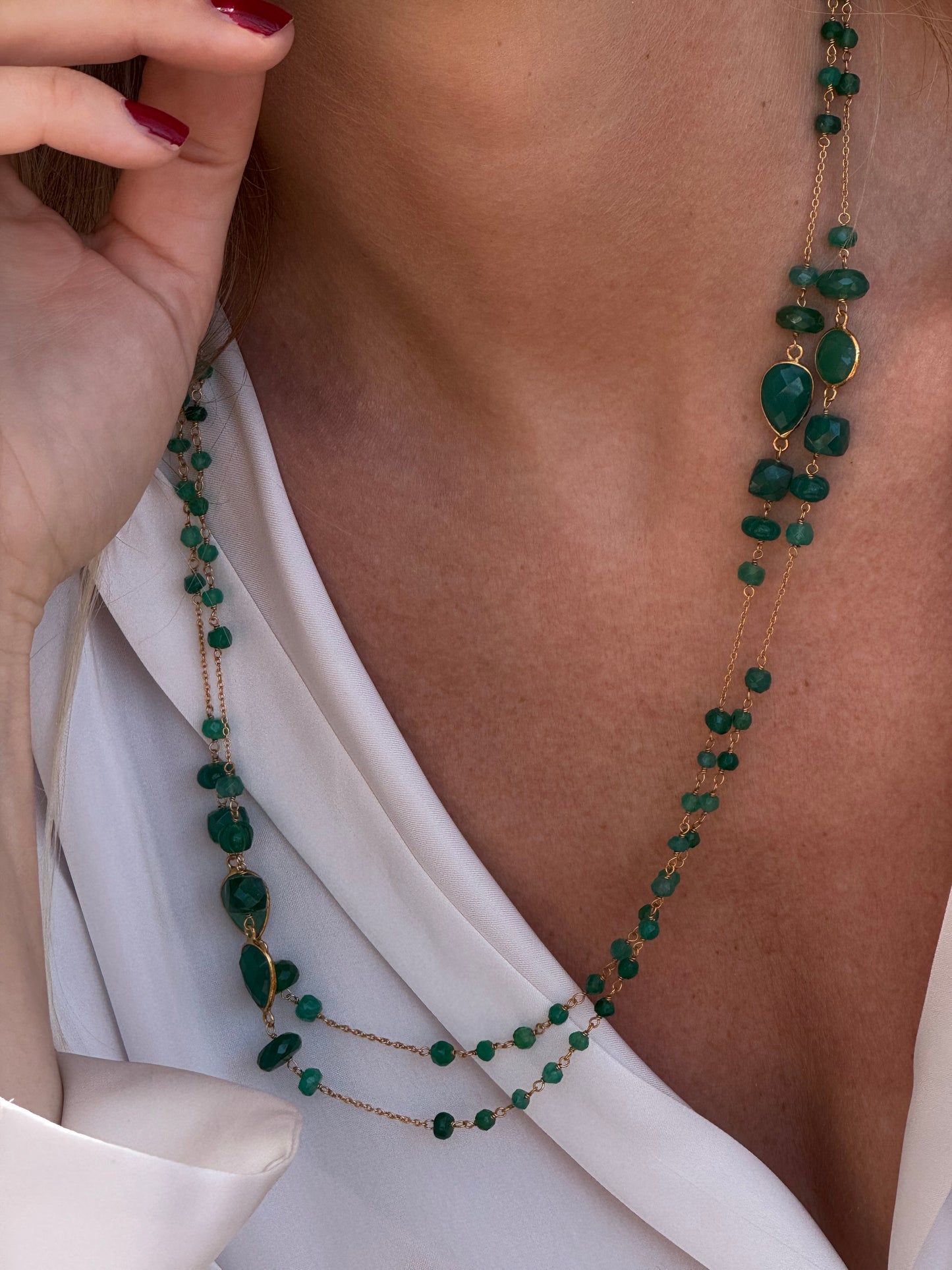 Multi Shape Dark Green Chalcedony Long Dainty Beaded Chain