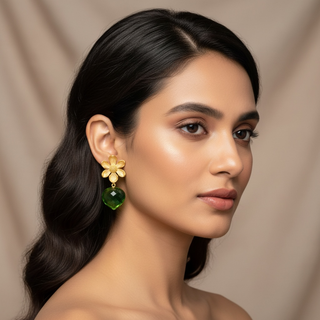 Green Quartz Tear Drop Flower Top Earrings
