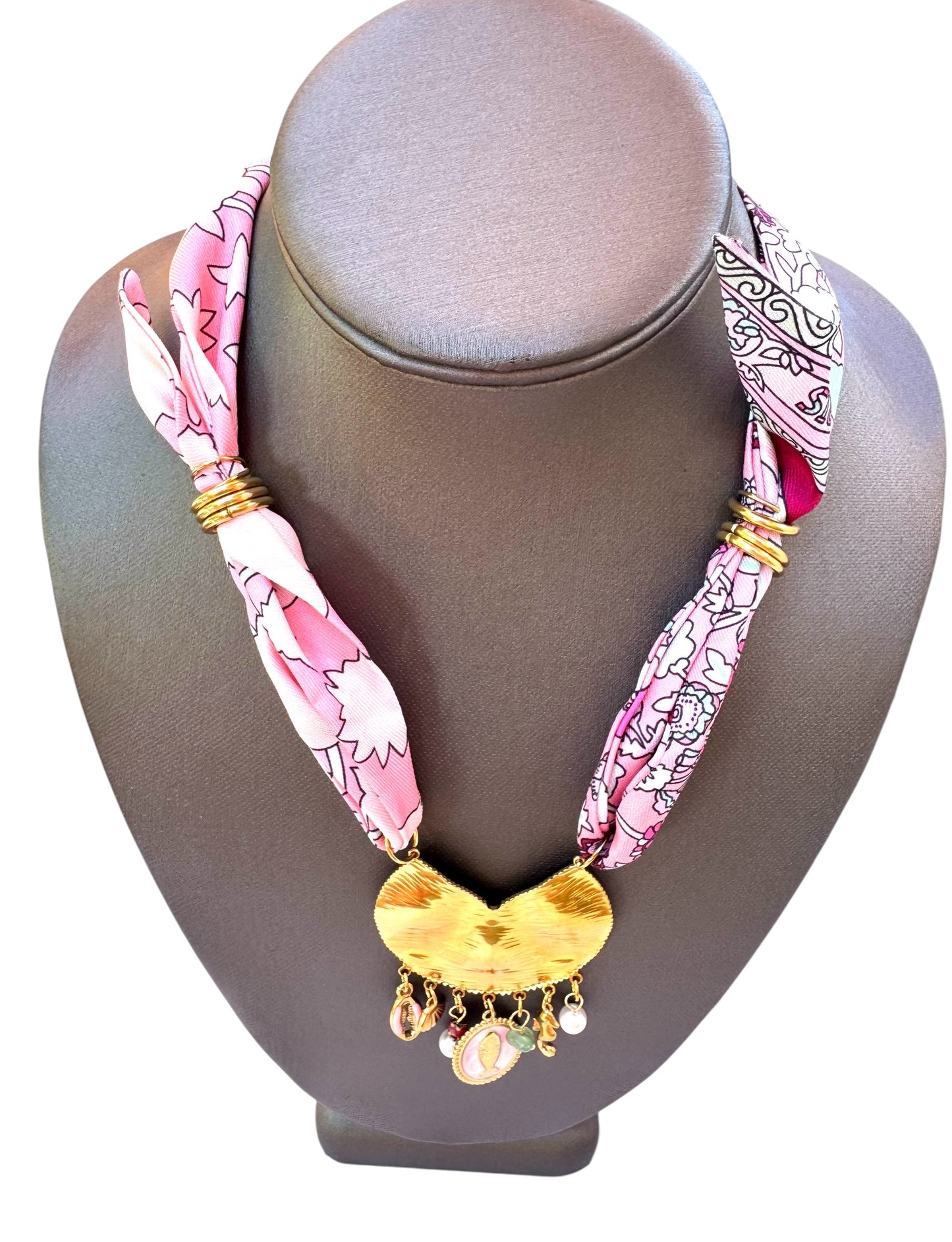 Pink Pattern Silk Blend Scarf Necklace & Pendant