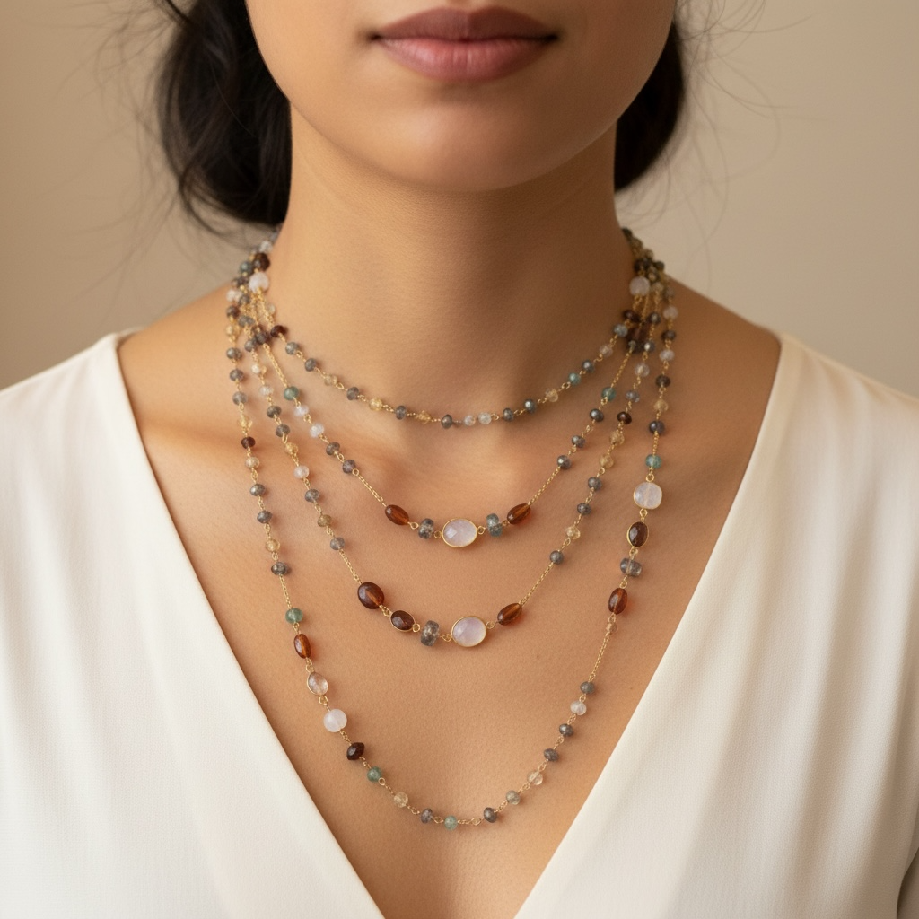 Multi Shape Tourmaline & Pearl Long Dainty Beaded Chain
