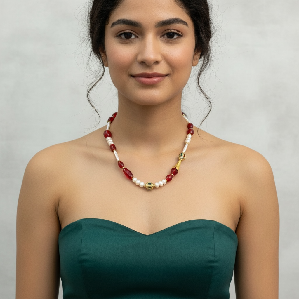 Pearl, Antique Red Glass Bead Necklace