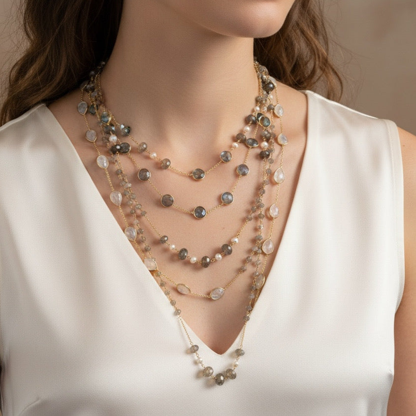 Multi Shape Moonstone & Pearl Long Dainty Beaded Chain