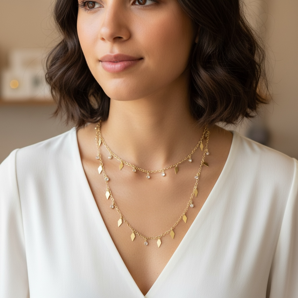 Yellow Gold Vermeil Chain, Cubic Zirconium and Yellow Gold Vermeil Drops Necklace