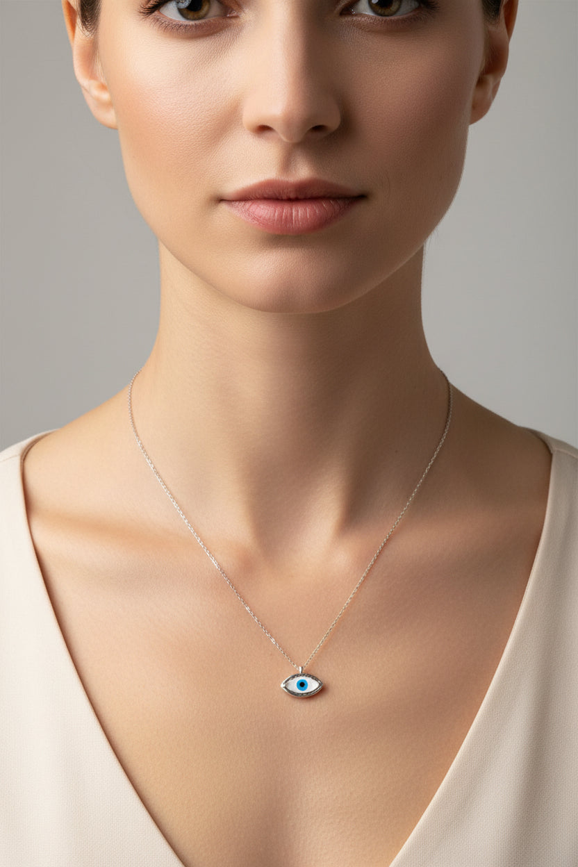 White Gold Vermeil Double Sided Dainty Mother of Pearl Evil Eye Necklace