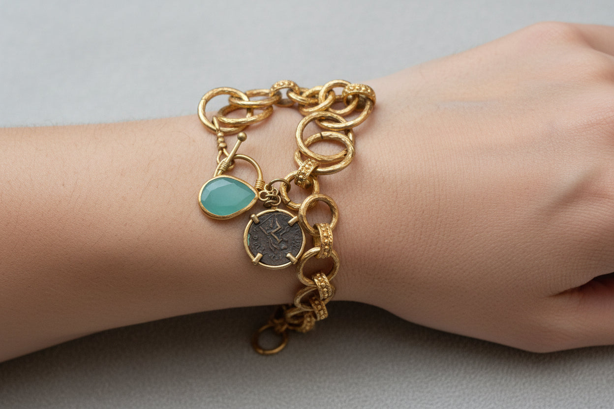 Brass Gold Plated Link Bracelet & Charm