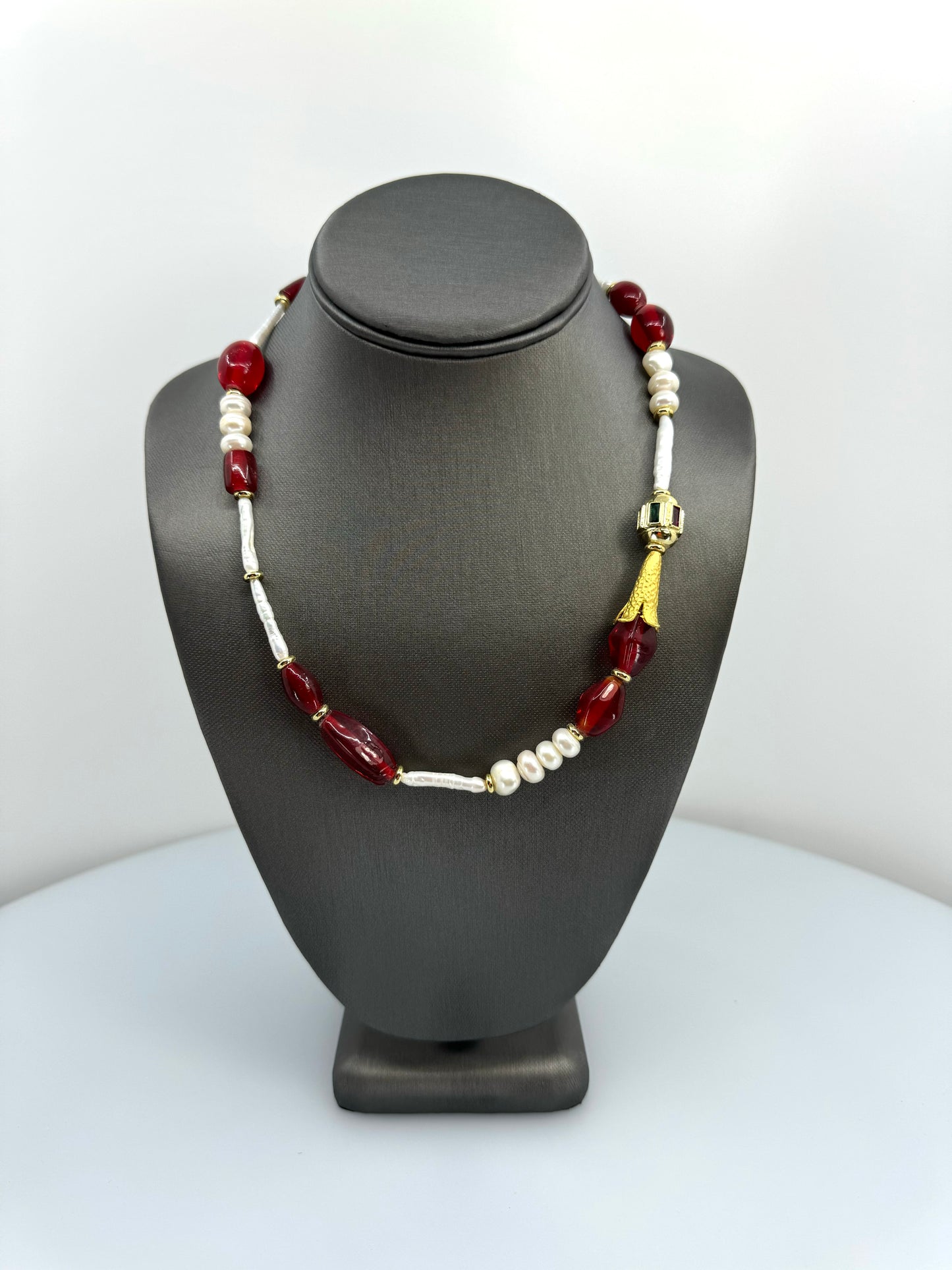 Pearl, Antique Red Glass Bead Necklace