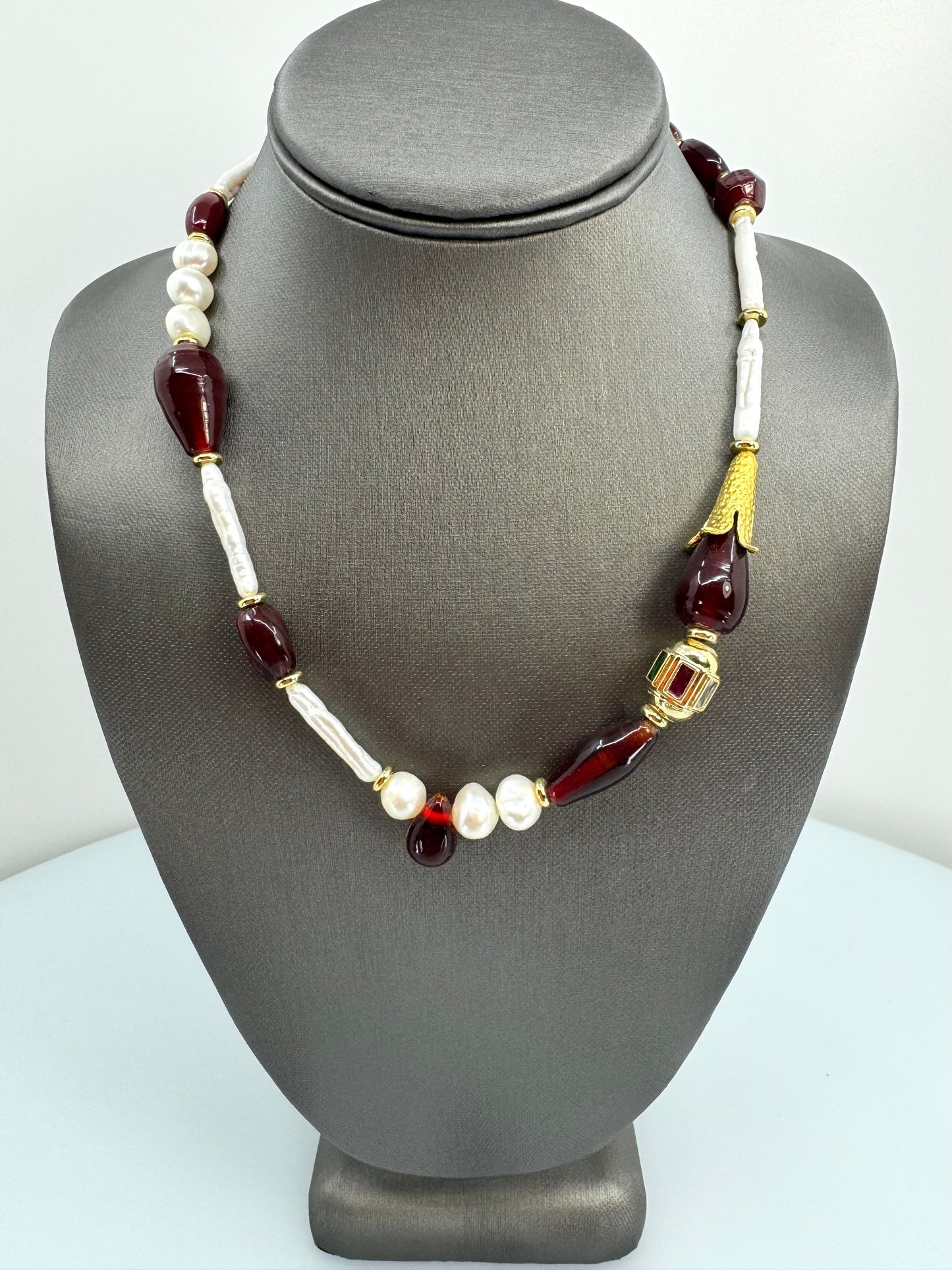 Pearl, Antique Red Glass Bead Necklace