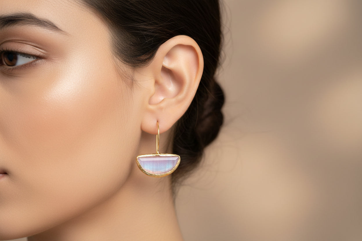 Pink Chalcedony Half Moon Drop Earrings