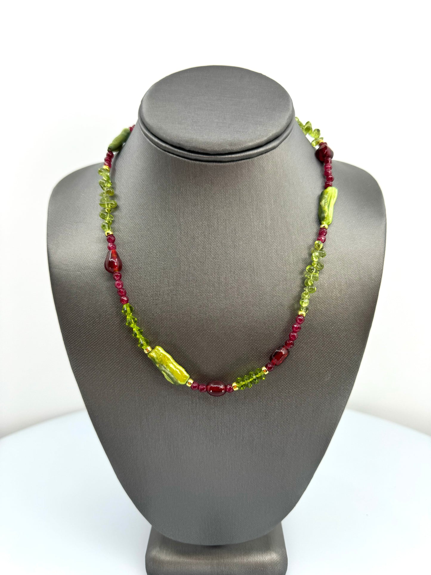 Green Pearl, Peridot, Red Glass Bead Necklace