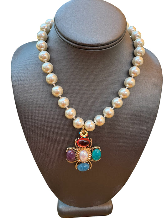 White Pearl Necklace & Etruscan Style Pendant With Stones