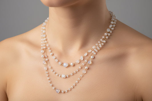 Multi Shape Moonstone & Pearl Long Dainty Beaded Chain