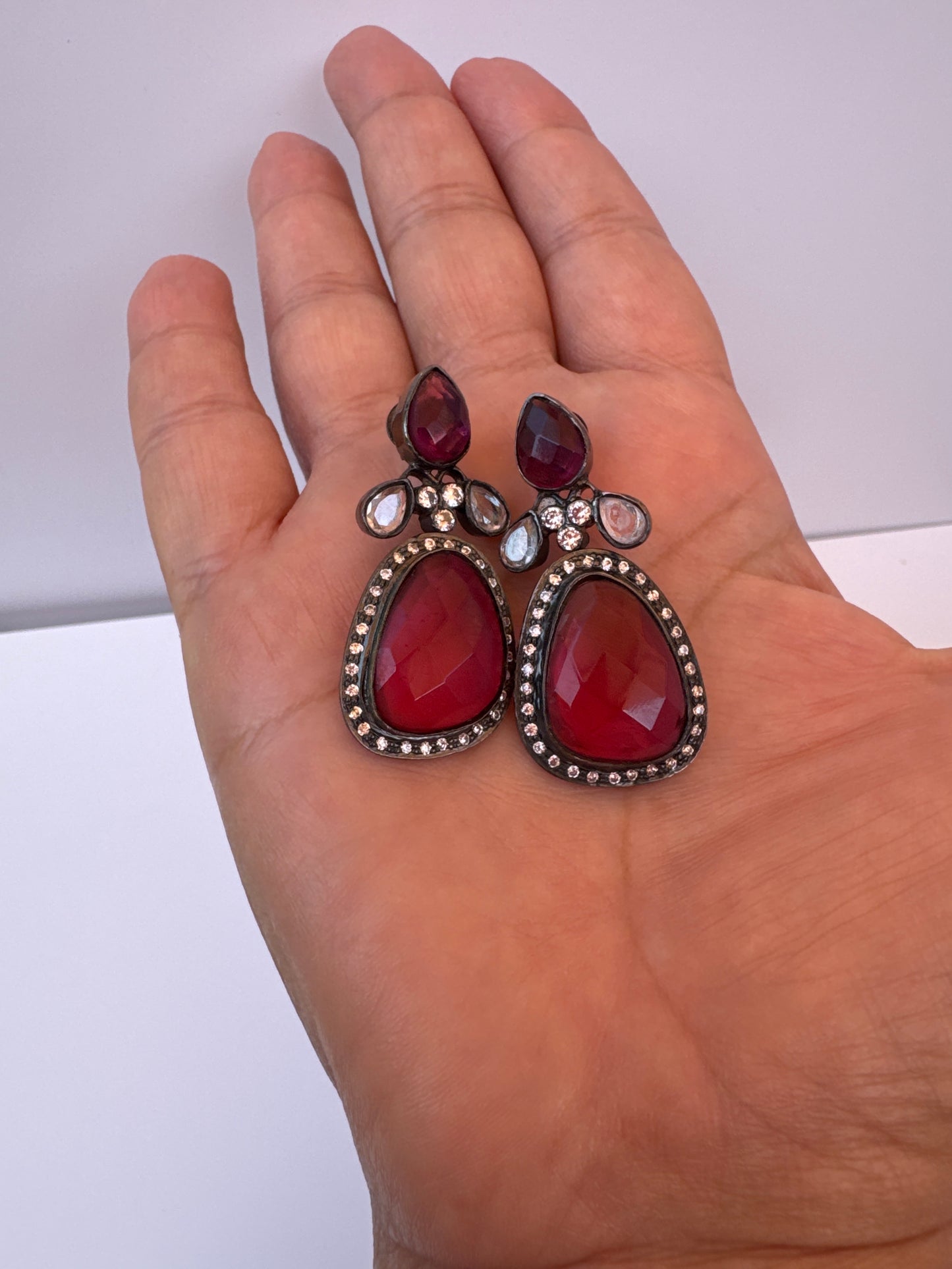 Antique Style Raspberry Chalcedony Drop Earrings