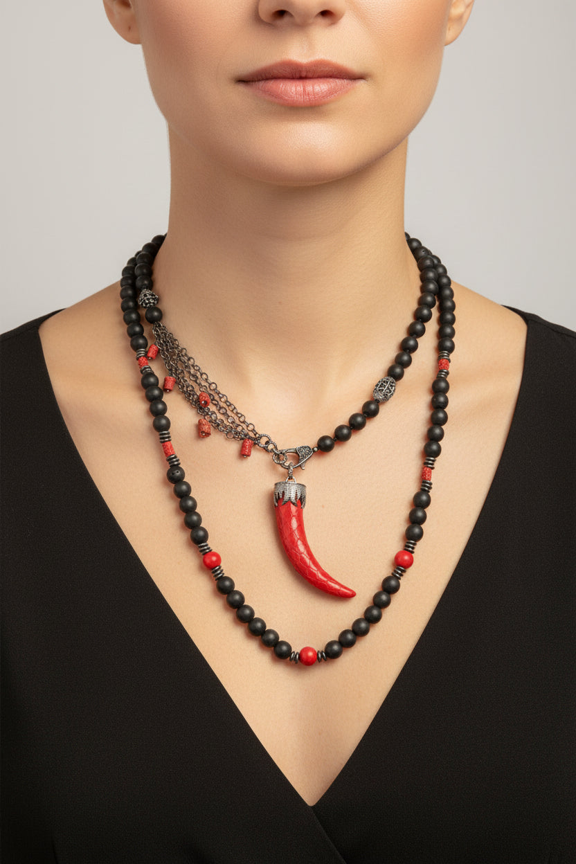 Onyx, Red Coral, Oxidized Silver Beads, Red Leather Horn Pendant Necklace