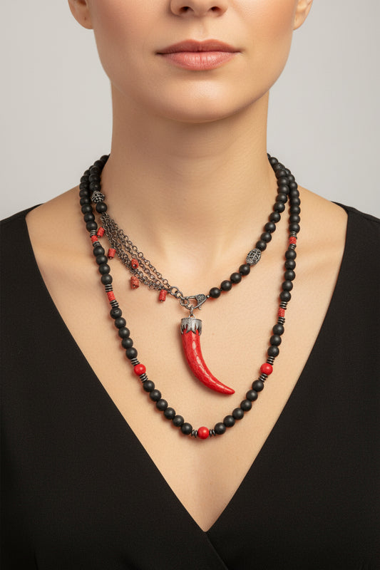 Onyx, Red Coral, Oxidized Silver Beads, Red Leather Horn Pendant Necklace
