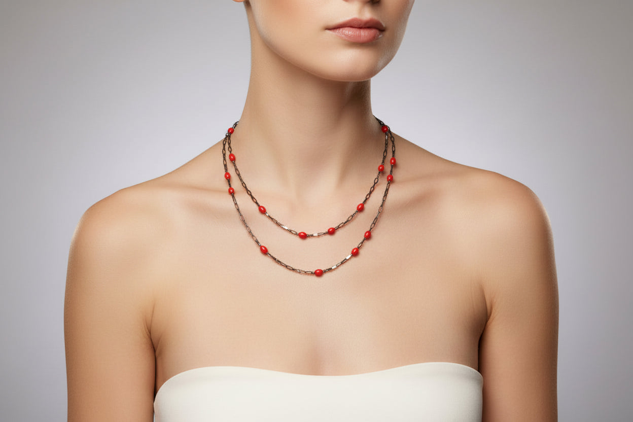 Dainty Oxidized Chain & Red Coral Bead Long Necklace