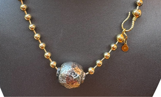 Beaded Chain Yellow Gold & Round Silver Pendant