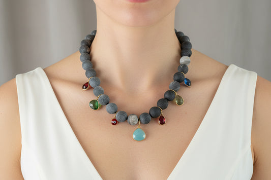 Druzzie Beaded Necklace With Multigemstone Charms