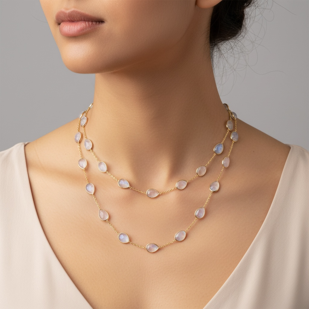 Tear Shape Sliced Cut Moonstone Dainty Beaded Chain