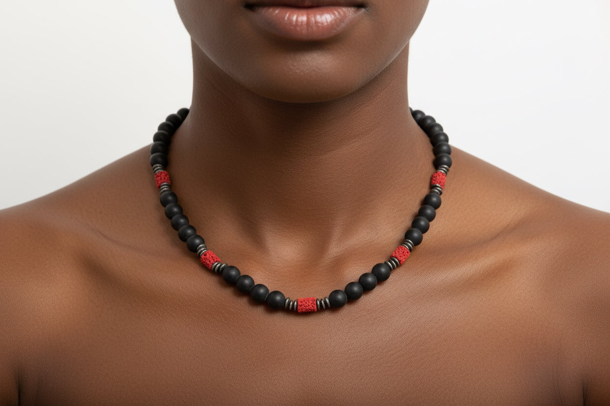 Onyx, Red Coral & Oxidized Silver Bead Long Necklace