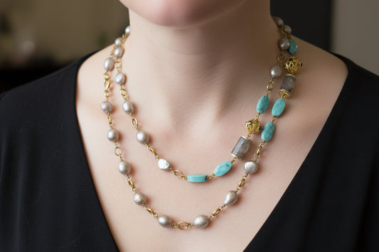Gray Pearl, Rudelited Quartz, Turquoise Chain Necklace