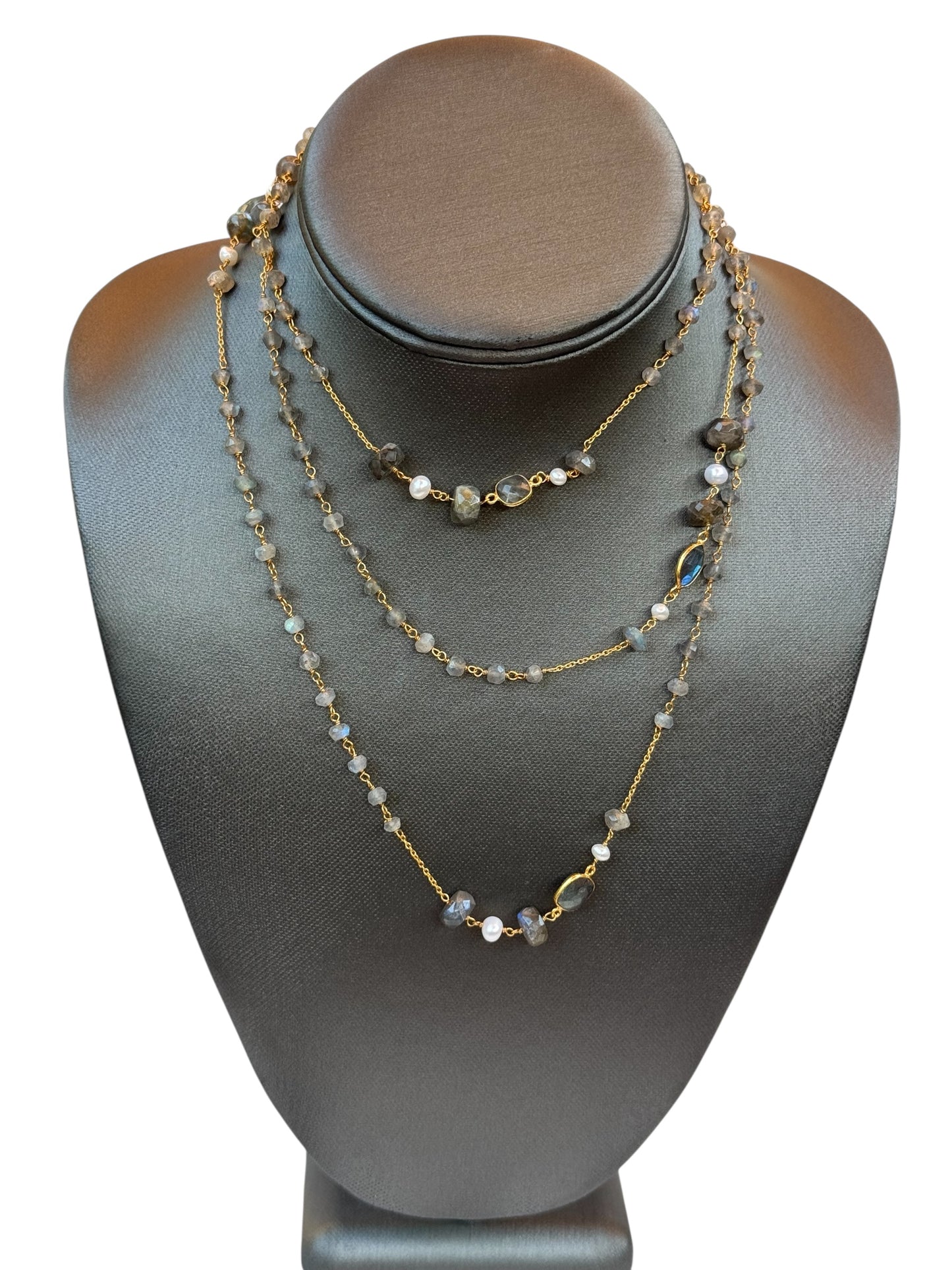 Multi Shape Labradorite & Pearl Long Dainty Beaded Chain