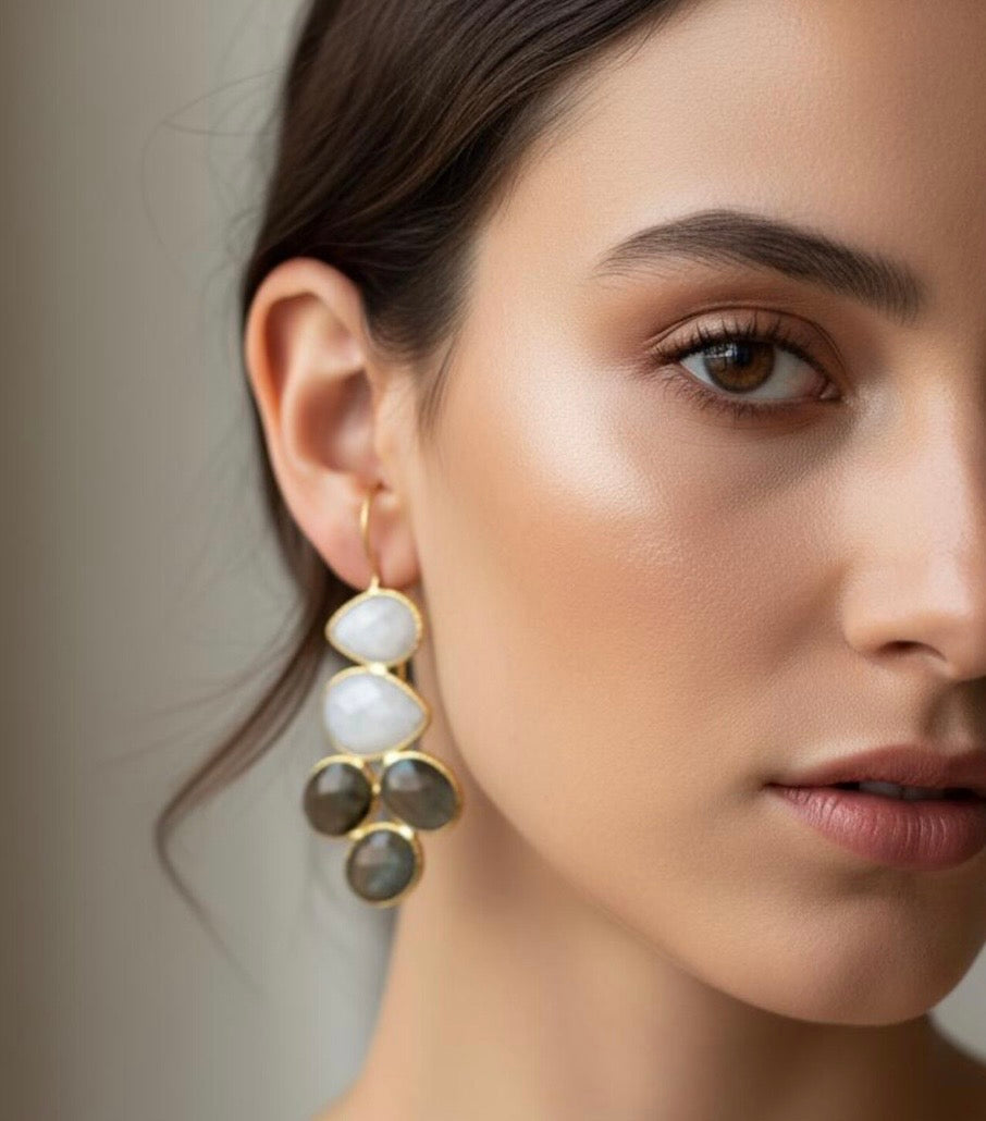 Elegant Moonstone & Labradorite Long Drop Earrings