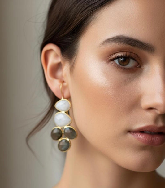Elegant Moonstone & Labradorite Long Drop Earrings