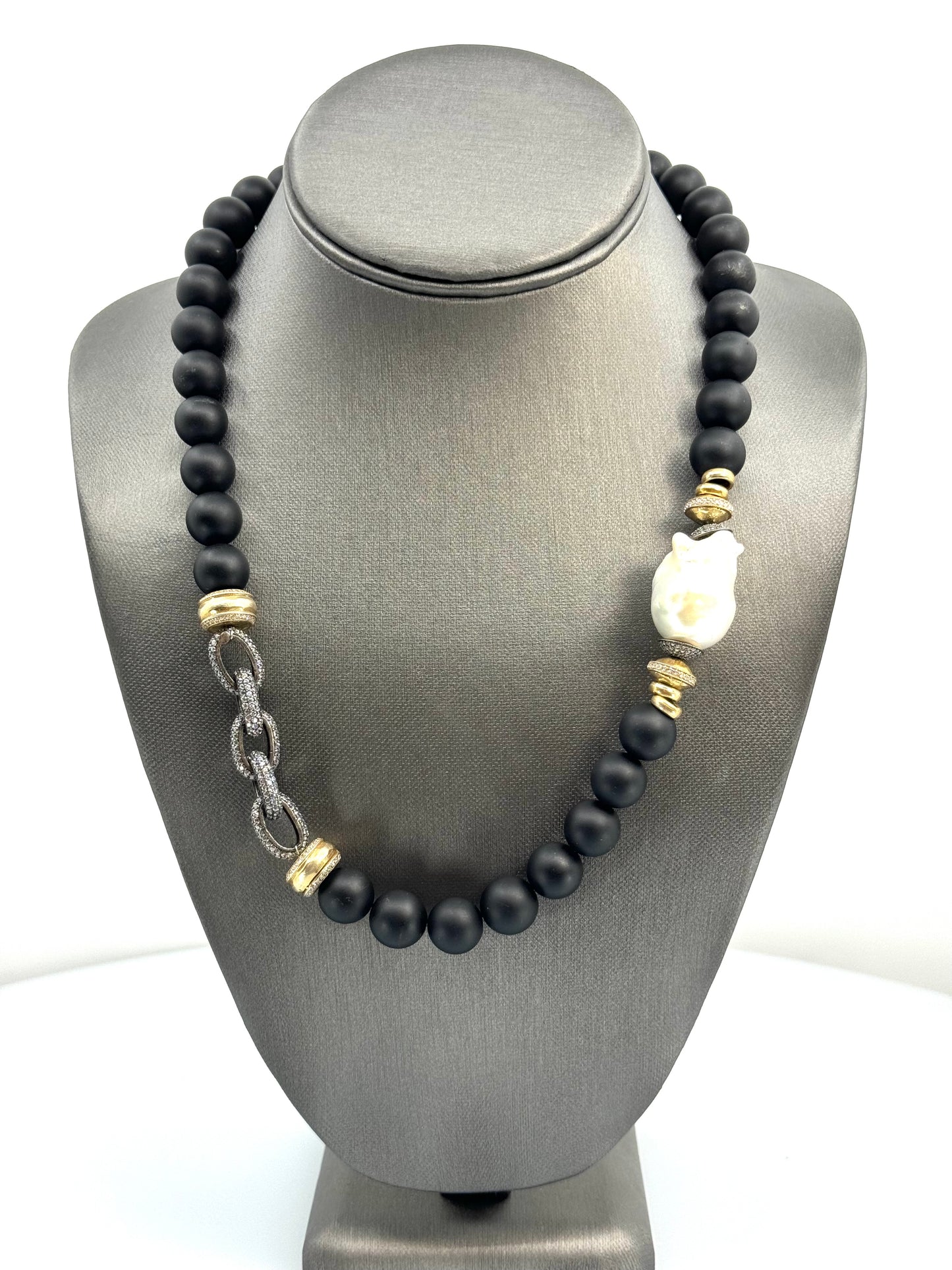 Onyx, Baroque Pearl & Oxidized Silver Necklace