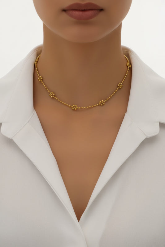 Floral Beaded Yellow Gold Necklace
