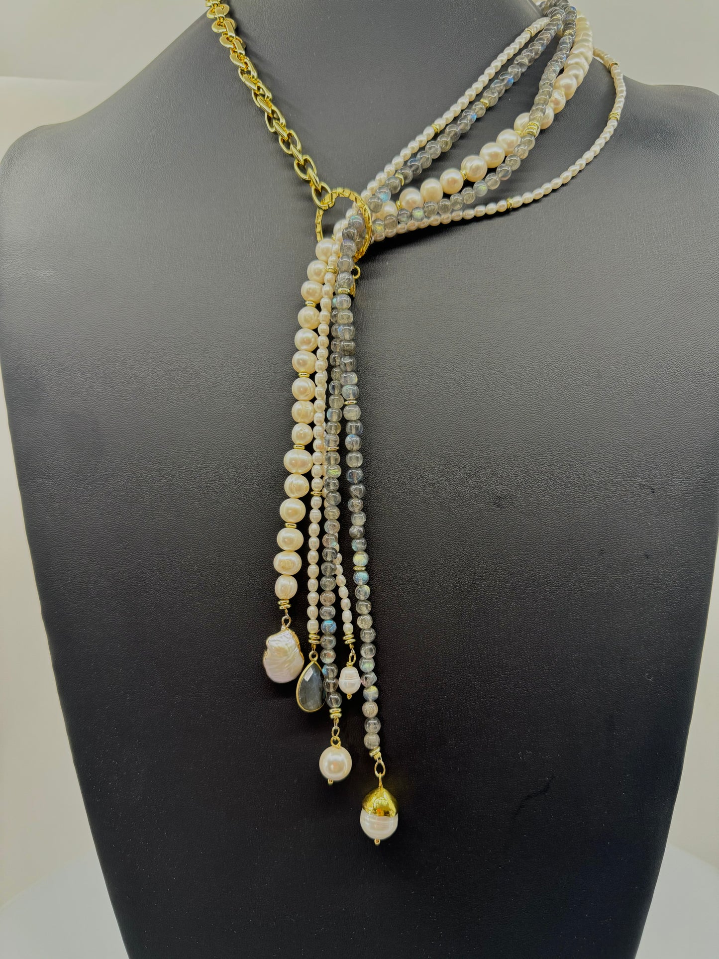 Gray & White Pearl & Labradorite Lariat