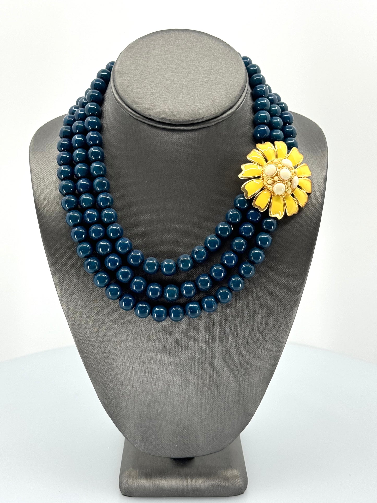 Navy Blue Beads & Yellow Enamel Flower Necklace