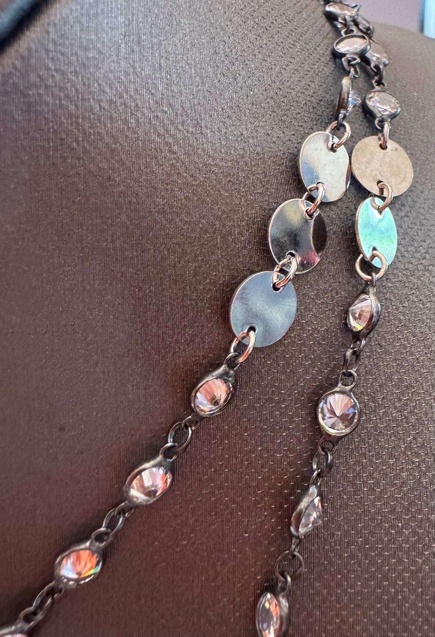 Silver Disc Oxydizied Diamond By The Yard Long Necklace