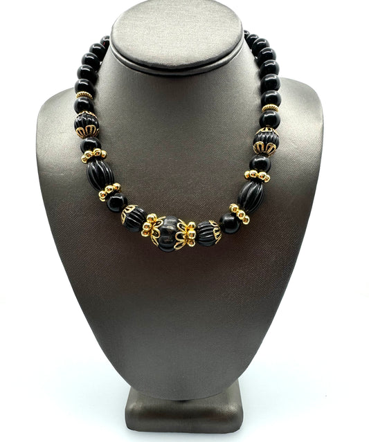 Black Resin Bead & Gold Necklace