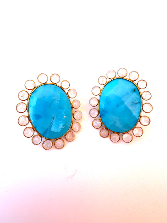 Large Oval Turquoise & Moonstone Earrings