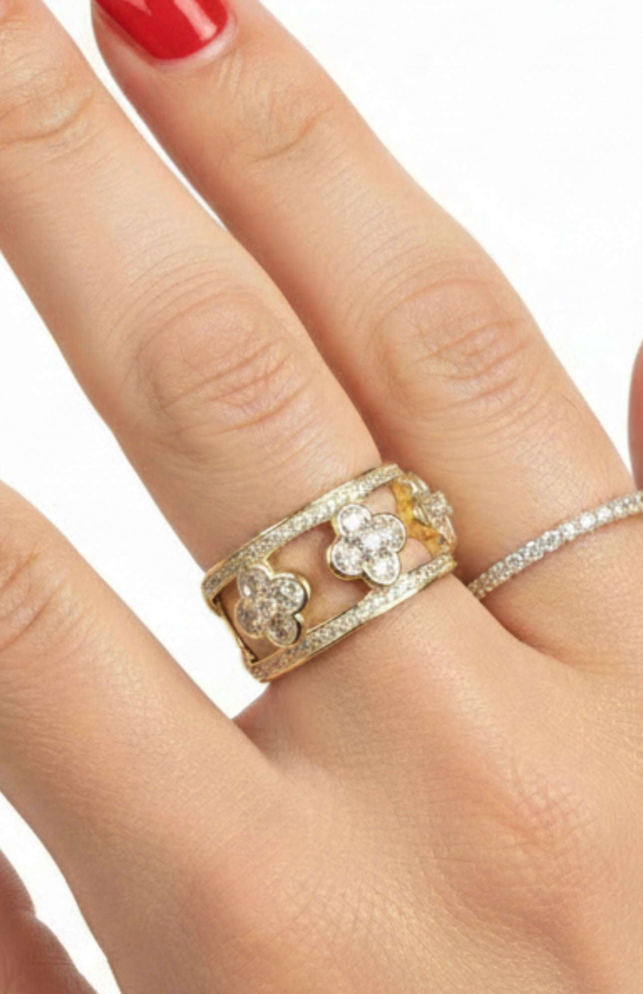 Three Clover Gold & Zirconium Band Ring