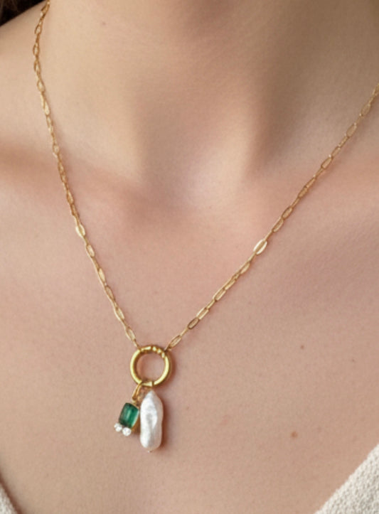 Dainty Chain Pearl & Green Chalcedony Charm