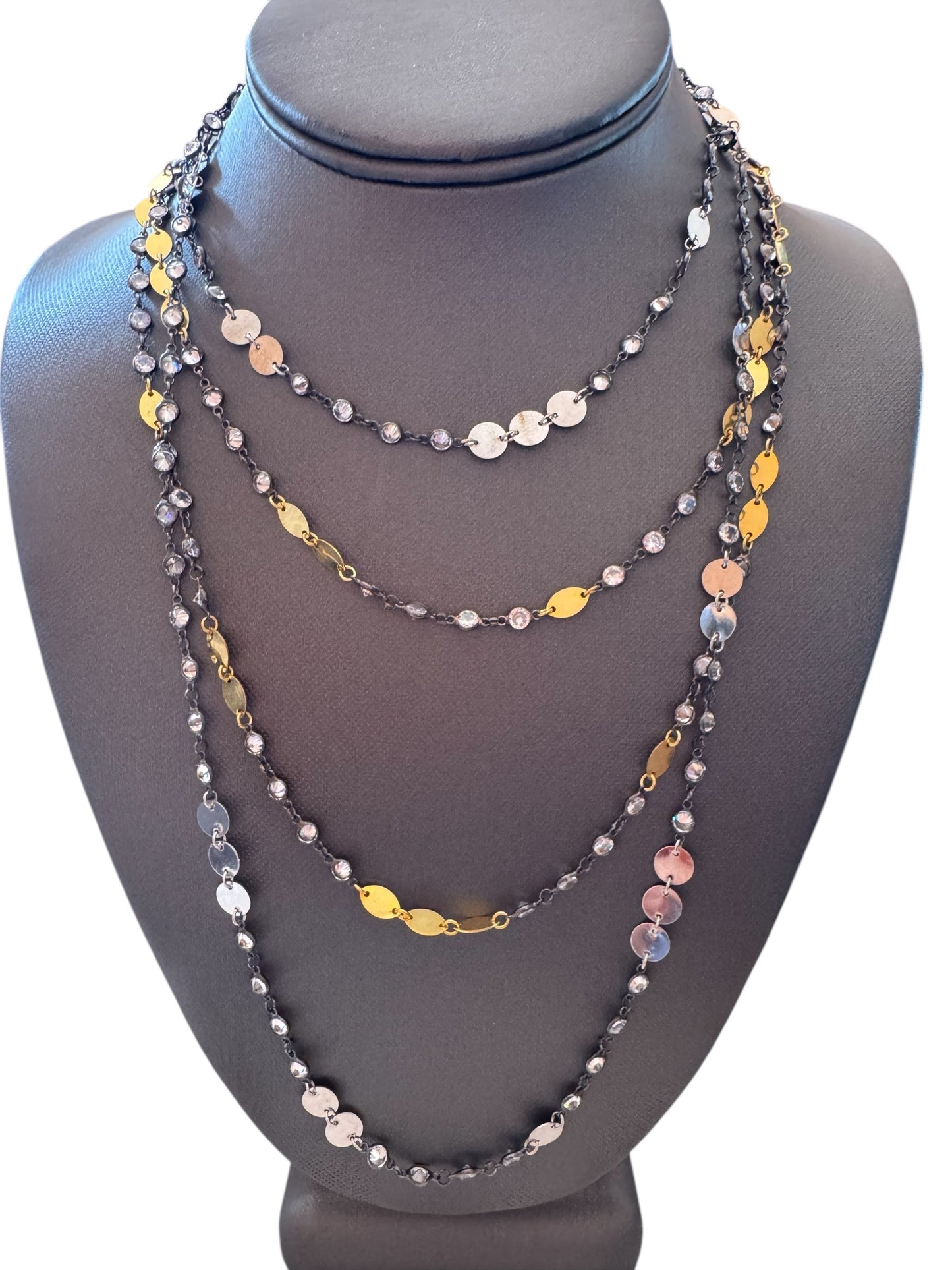 Silver Disc Oxydizied Diamond By The Yard Long Necklace